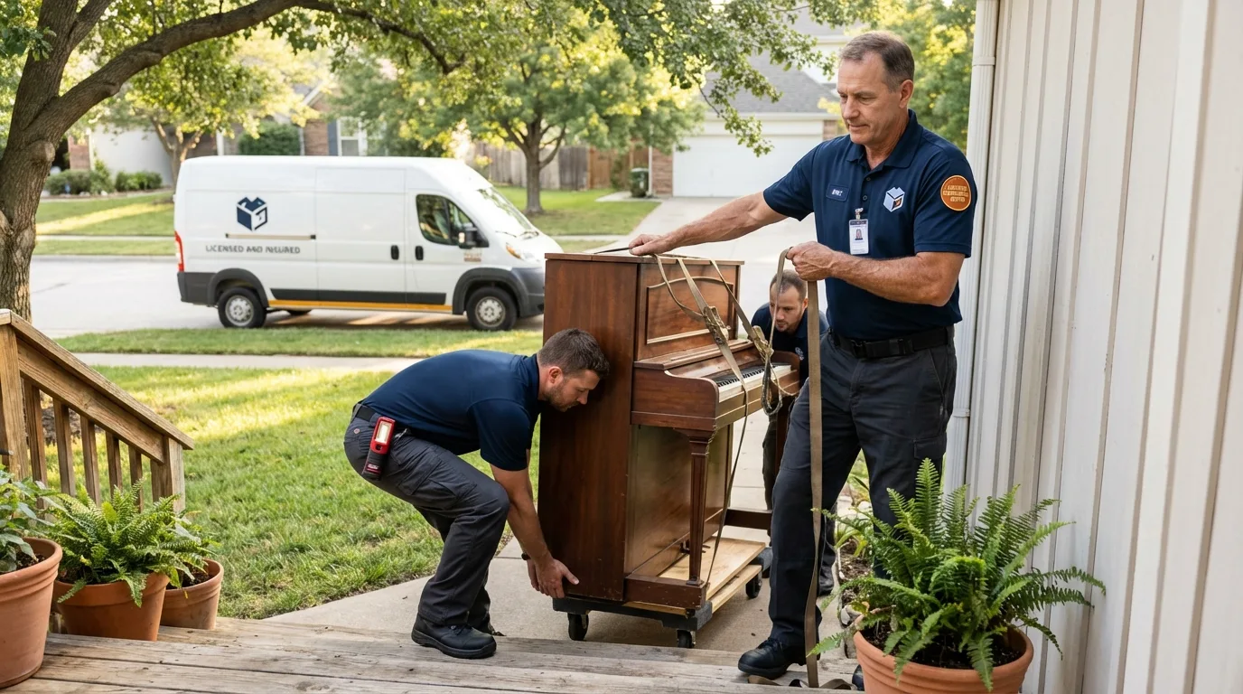 Licensed piano movers securing grand piano in Sutter Creek, CA