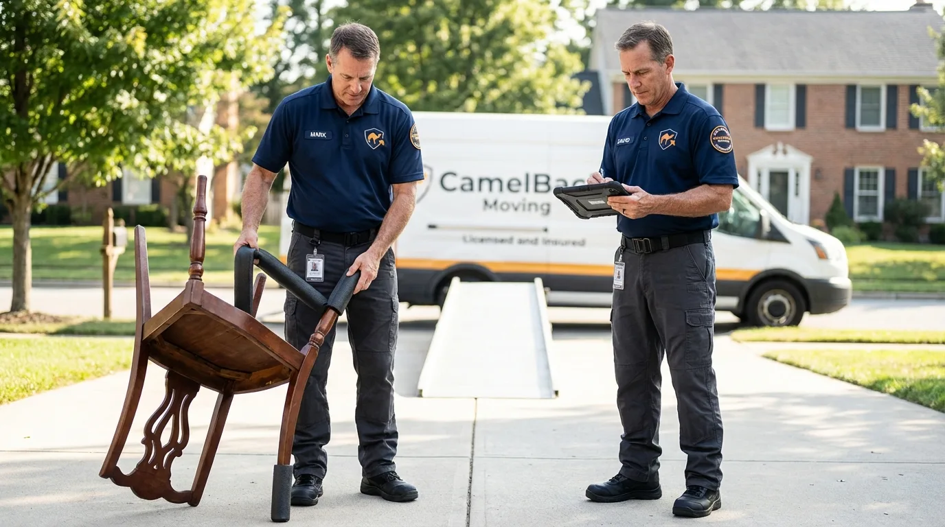 Movers inspecting furniture for damage prevention before loading in Sutter Creek, CA